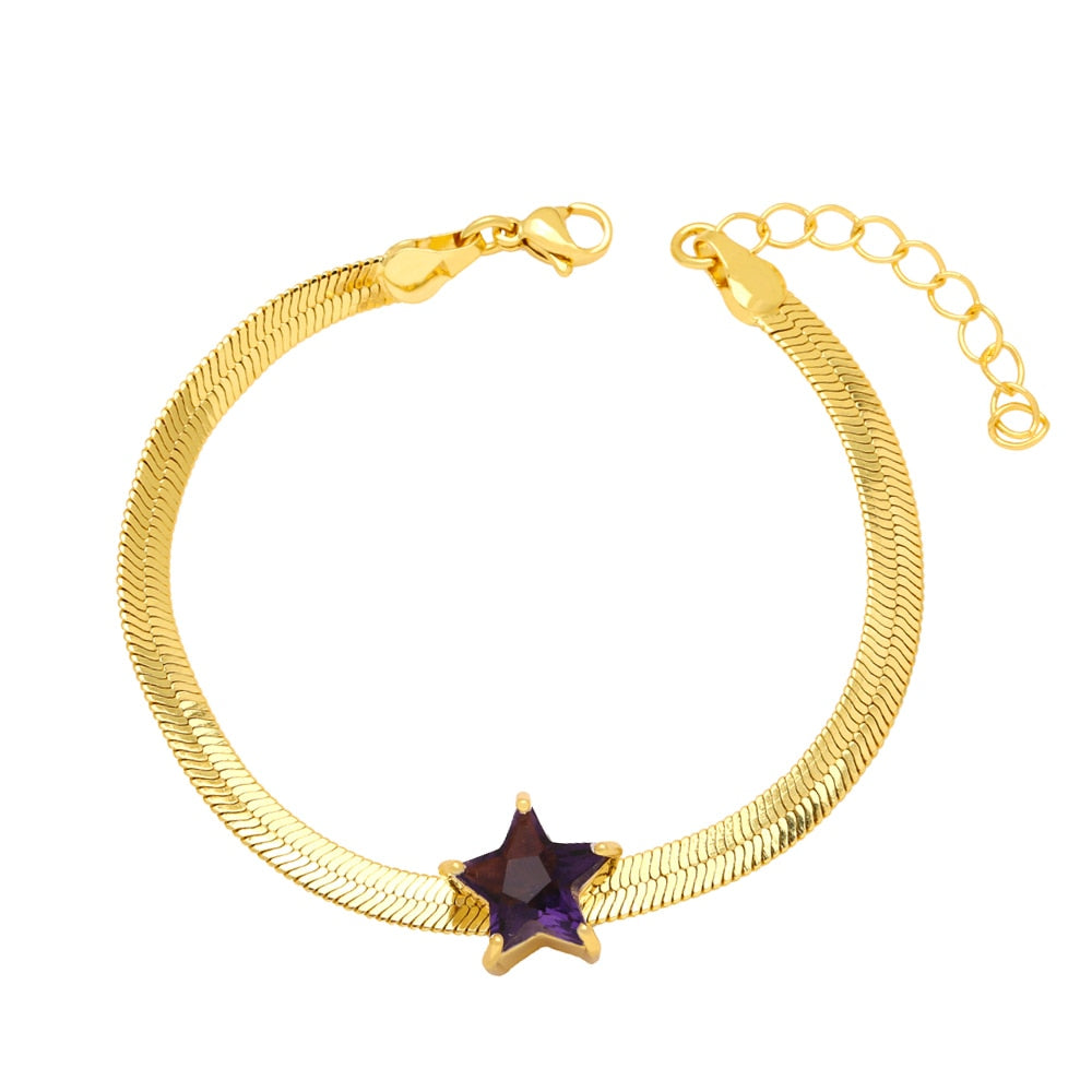 Thick Gold Plated Snake Chain Bracelets for Women Copper CZ Rhinestone Star Bracelets