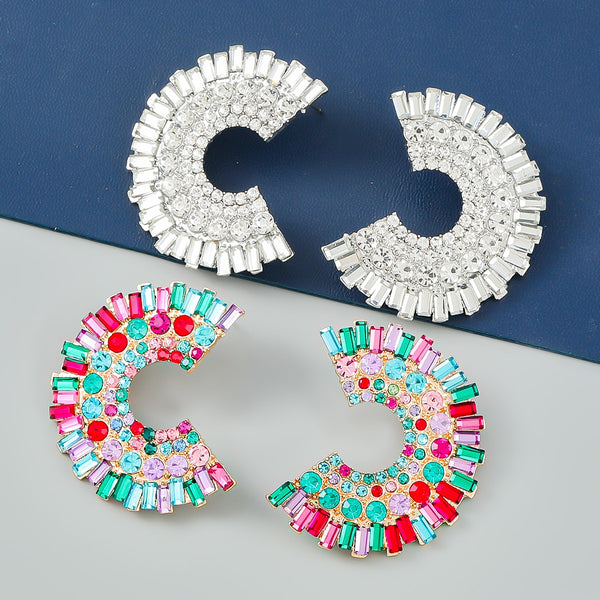 Fashion Metal Open C Shape Rhinestone Geometric Earrings Women