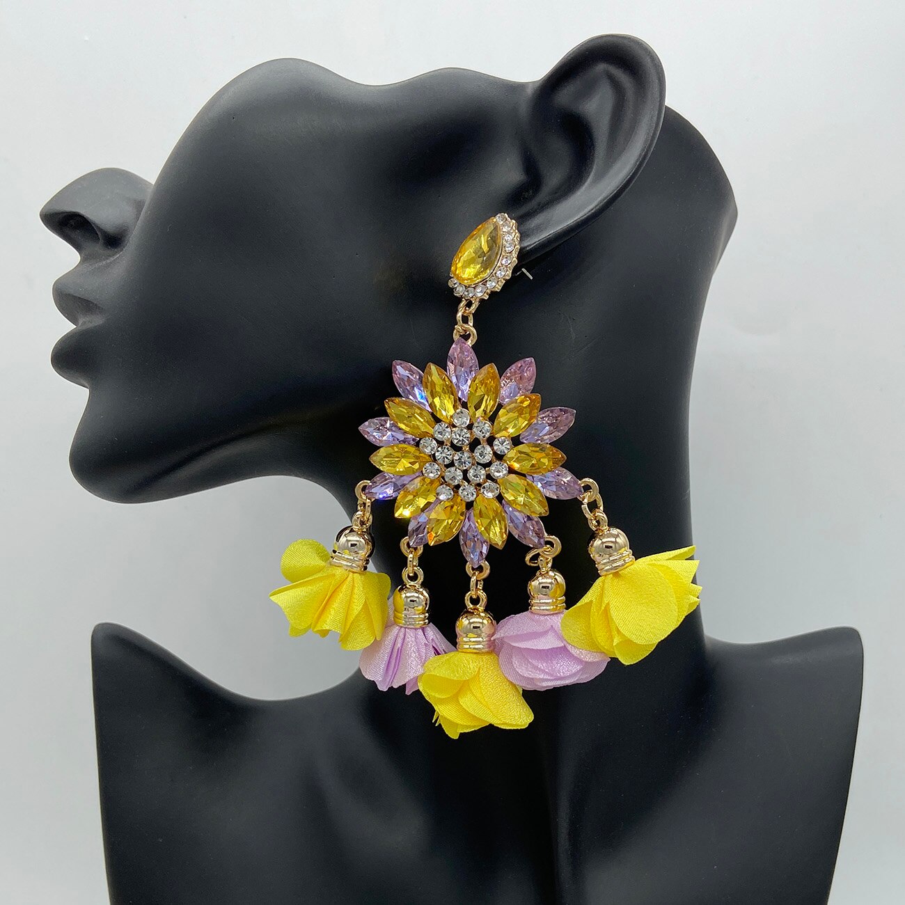 Multicolor Drop Earrings For Women Luxury Rhinestones Crystal Dangle Tassel Flower Big Earrings