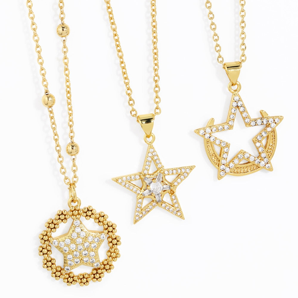 Copper Gold Plated Moon Star Necklaces for Women CZ Rhinestone Pentagram Necklaces