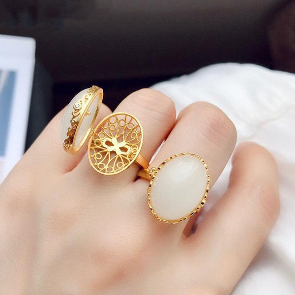 Original Design Natural Hetian Jade Oval Open Delicate Ring