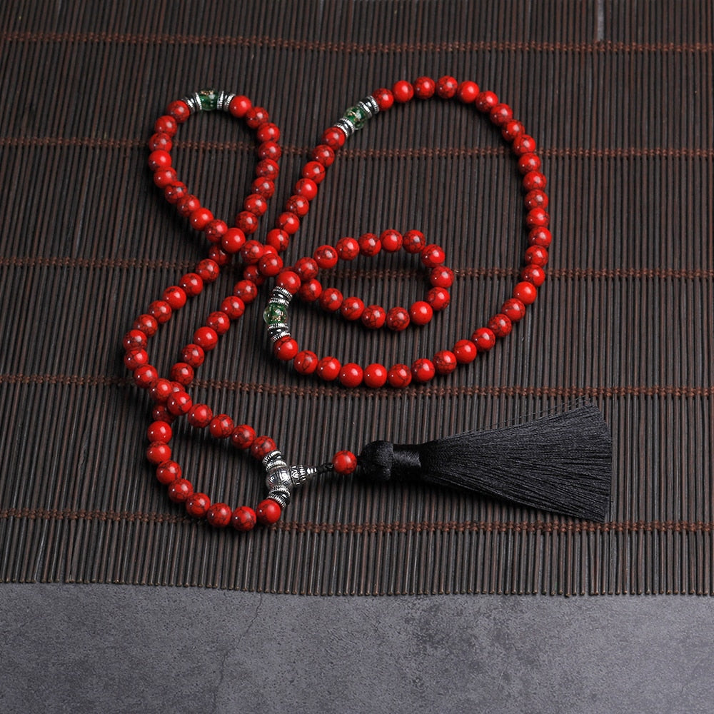 Red Pine Stone Beads necklace 108 suitcase with tassel