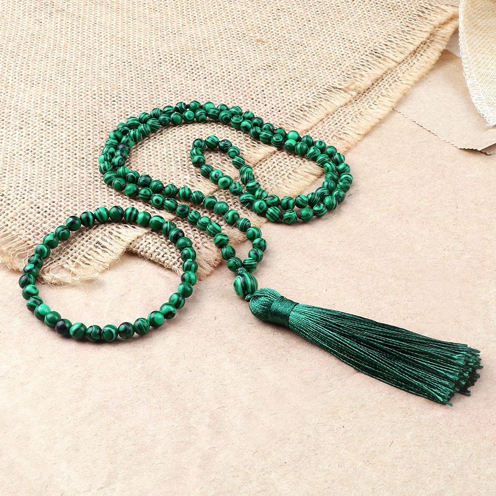 Tibetan 108 Mala Bracelet Necklace High Quality Natural Stone Beads Green Malachite Necklace