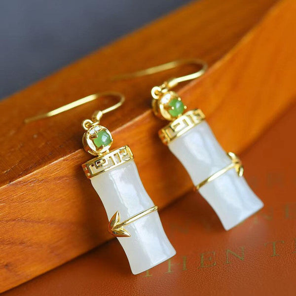 Ancient gold craft inlaid natural Hetian white jade bamboo earrings