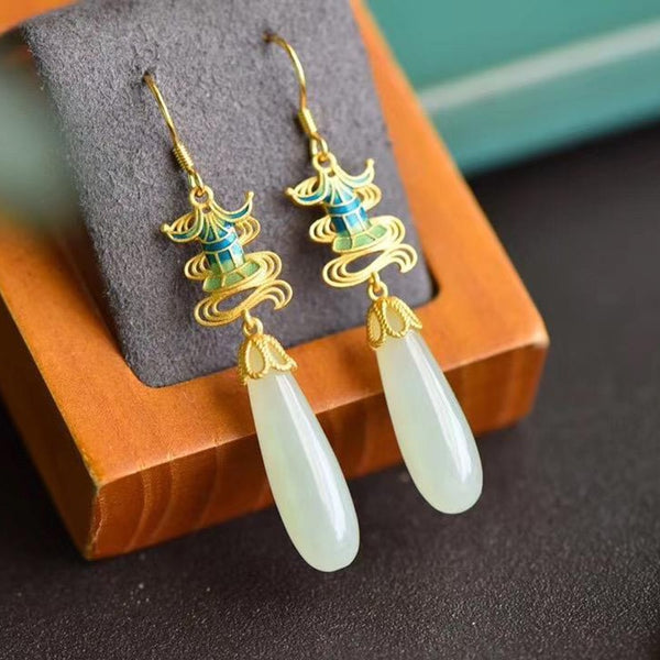 Original new ancient gold craftsmanship natural Hetian jade drop earrings