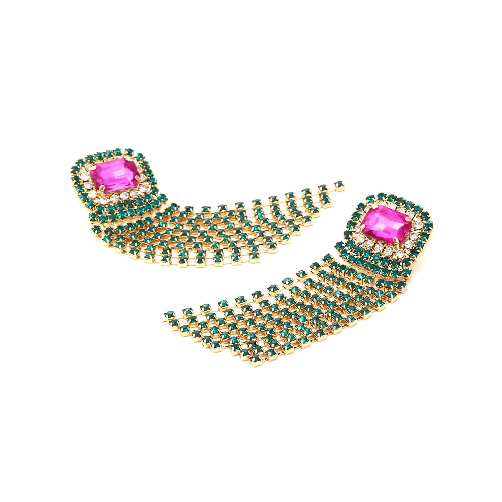 New Long Tassel Metal Green Rhinestone Earring For Women