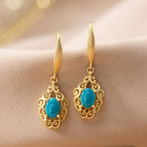 Classic Pastoral style cut-out pattern exquisite oval turquoise earings for women