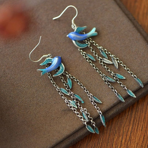 Original Thai silver craft enamel swallow tassel drop earrings for women