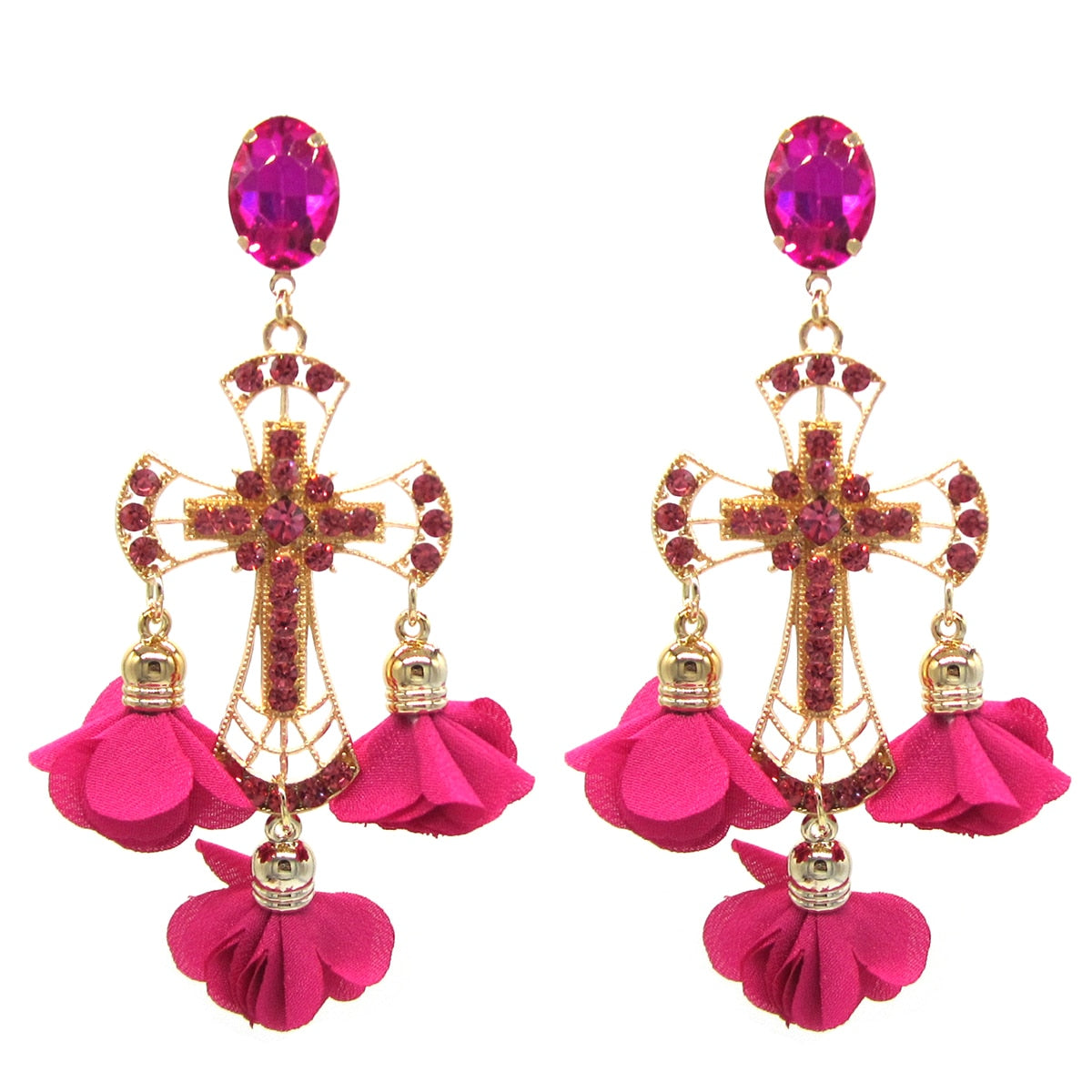 Statement Alloy Long Pendant Rhinestones Tassel Flower Earrings For Women