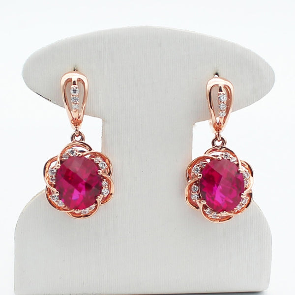 585 Purple Gold Plated 14K Rose Gold Inlaid Oval Ruby Flower Earrings For Women