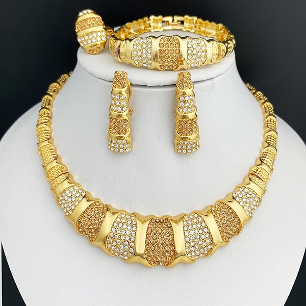 Italy New Design Ladies Gold Color Jewelry Bamboo Knots Shape Necklace Ring Bracelet Luxury Jewelry Set