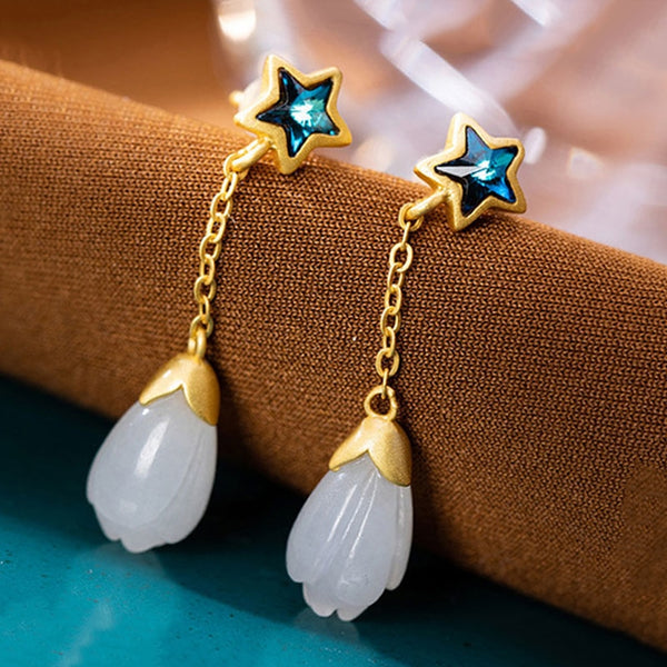 Creative design ancient gold craftsmanship natural Hetian magnolia star long earrings