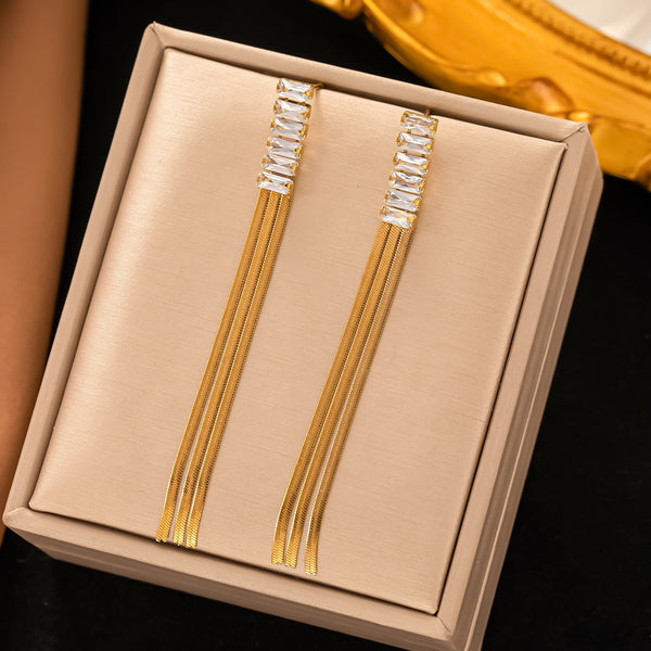 316l Stainless steel zircon long tassel pendant earrings for women