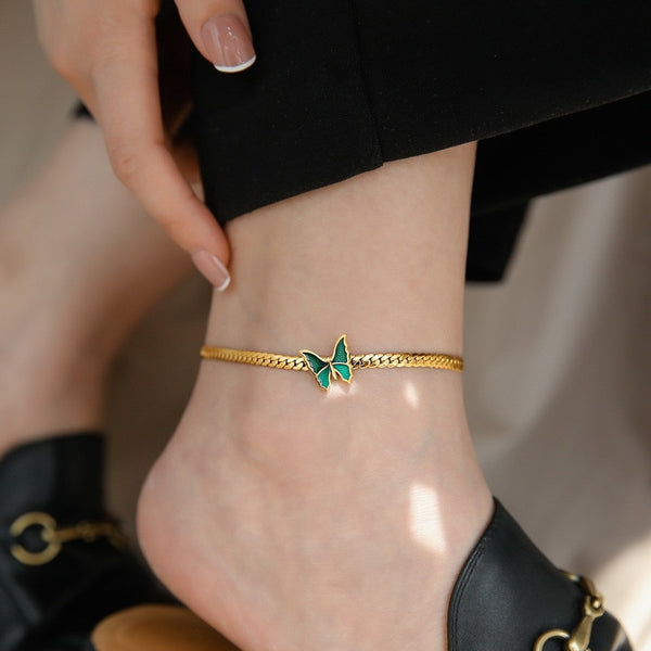 Fashion Premium Jewelry Welded Green Butterfly Charm Thick Chain Anklet For Women