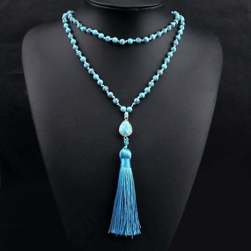 Natural Blue Pine Stone 108 Mala Beads Long Necklaces 6mm Natural Stone Pendant Women