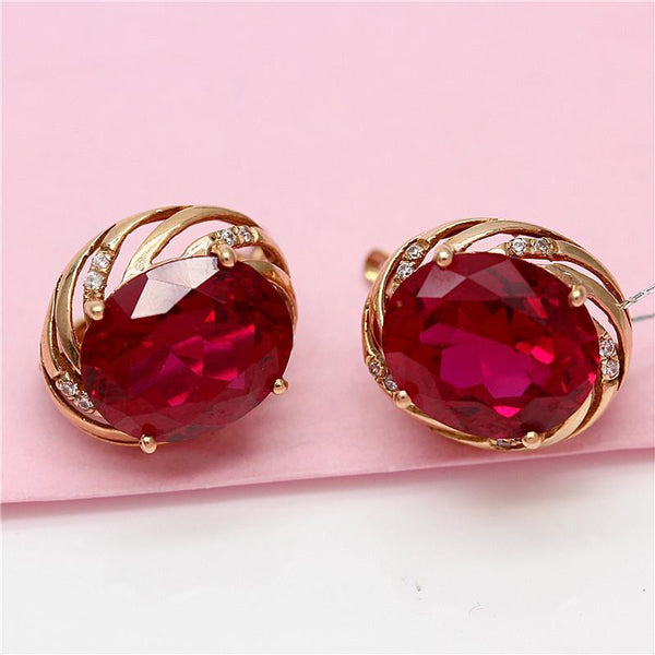 Classic 585 purple gold plated 14K rose gold inlaid oval ruby earrings for women