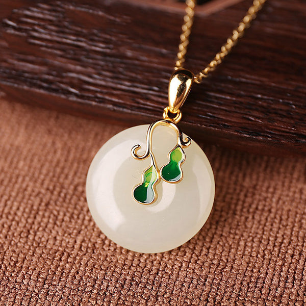 Silver inlaid natural Hetian  jade round brand plant Pendant Necklace