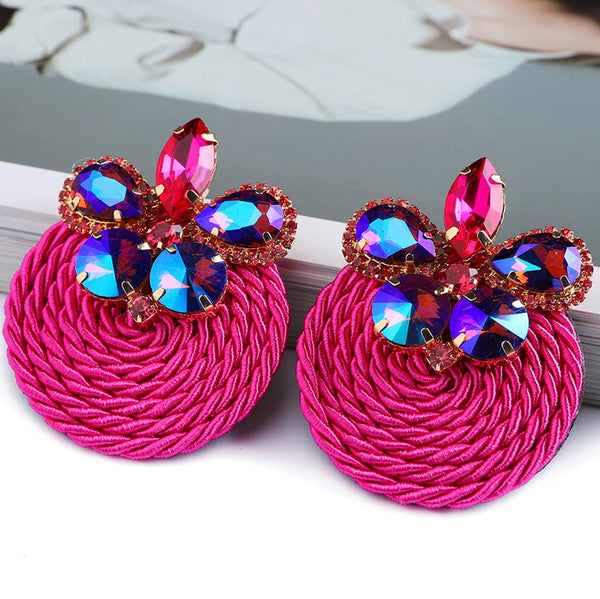 Ethnic Style Cotton Weave Colorful Crystal Round Big Dangle Earrings For Women