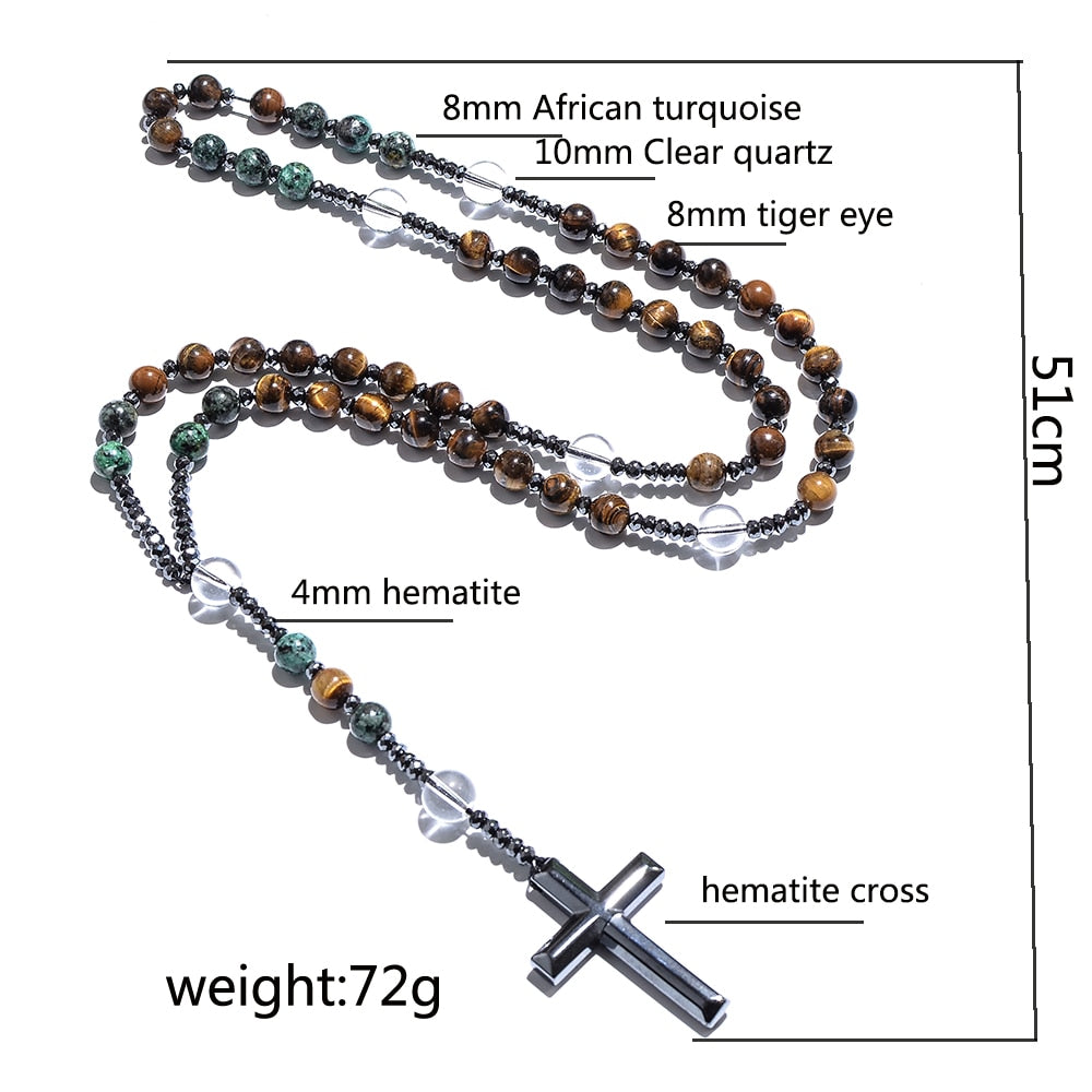 8mm Natural Stone Bead Hematite Cross Pendant For Men Women