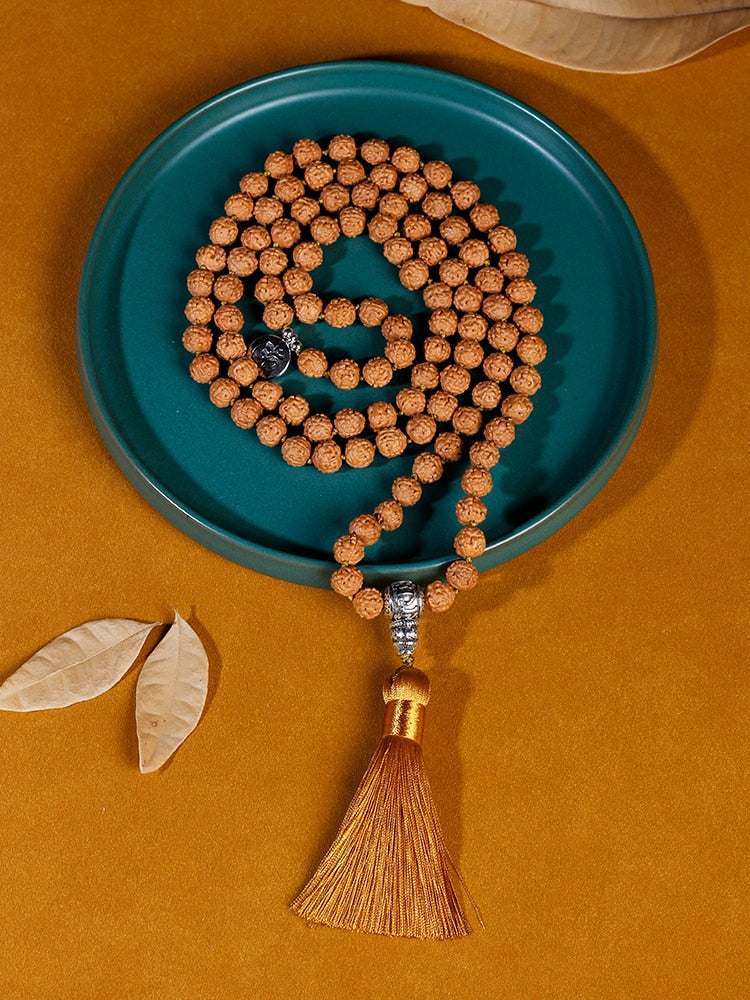 9mm Rudraksha Beaded Knotted Japamala Necklace WithTassel