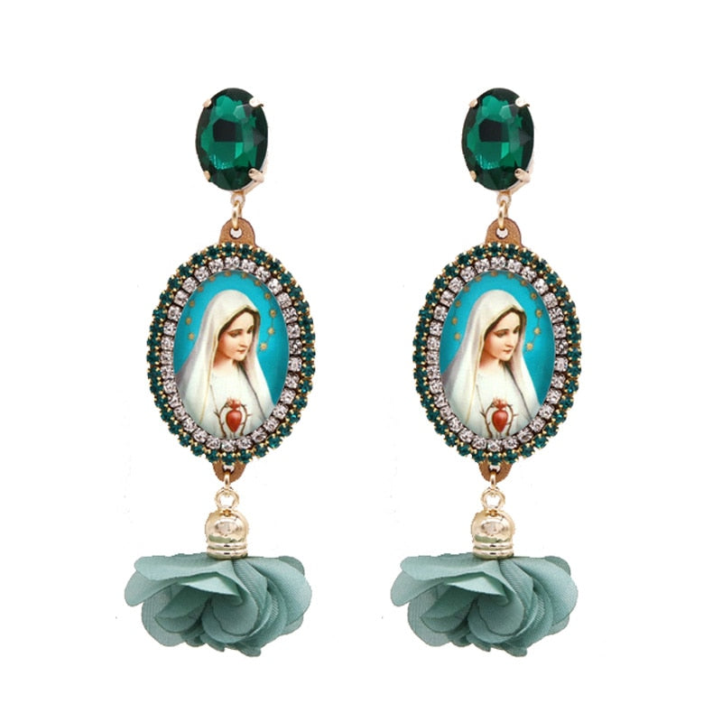 Bohemian Flower Earrings For Women Virgin Mary Earrings Angel Pendant Rhinestone Earrings