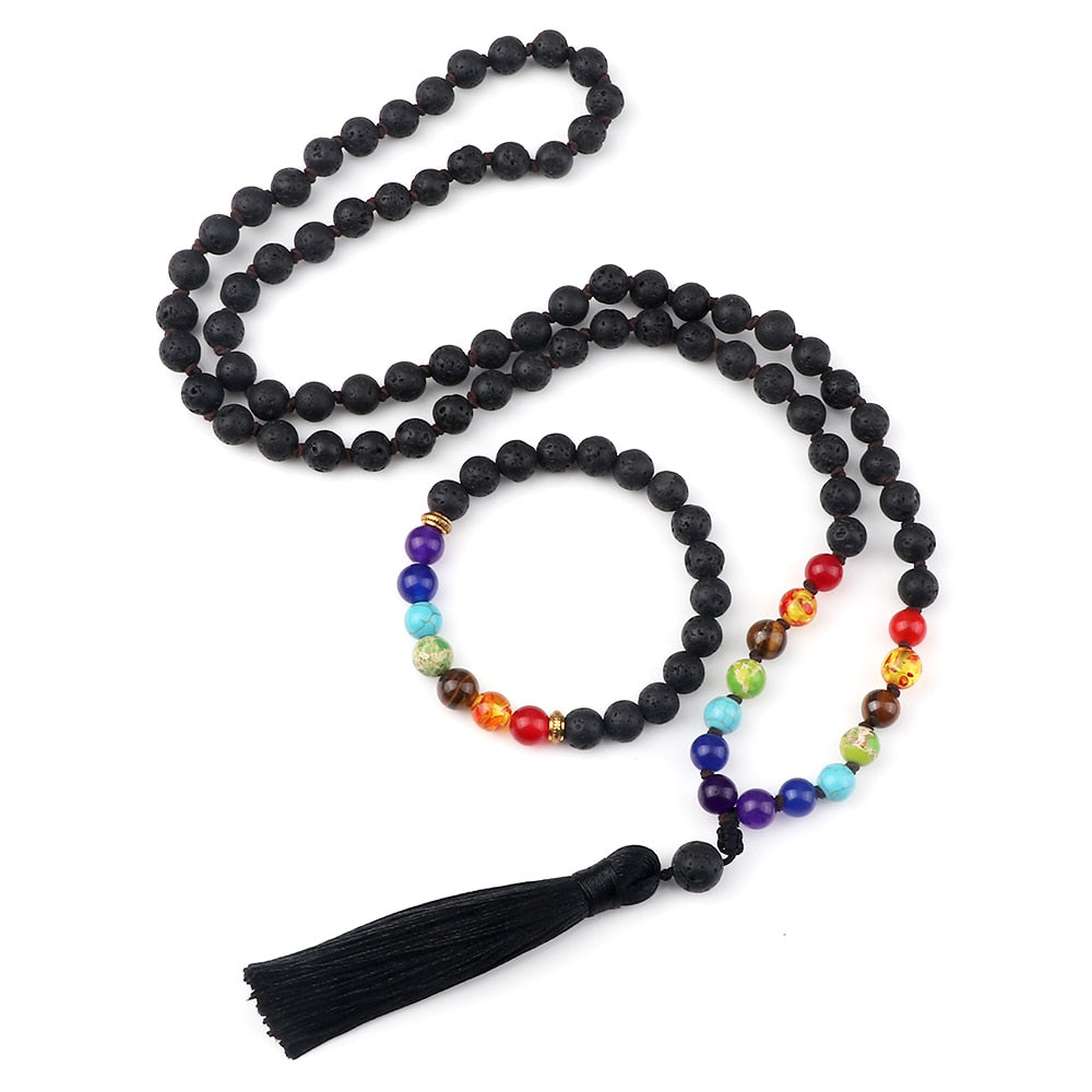 2pcs/set Men Black Onyx Beaded 7 Chakra Bracelets Necklaces