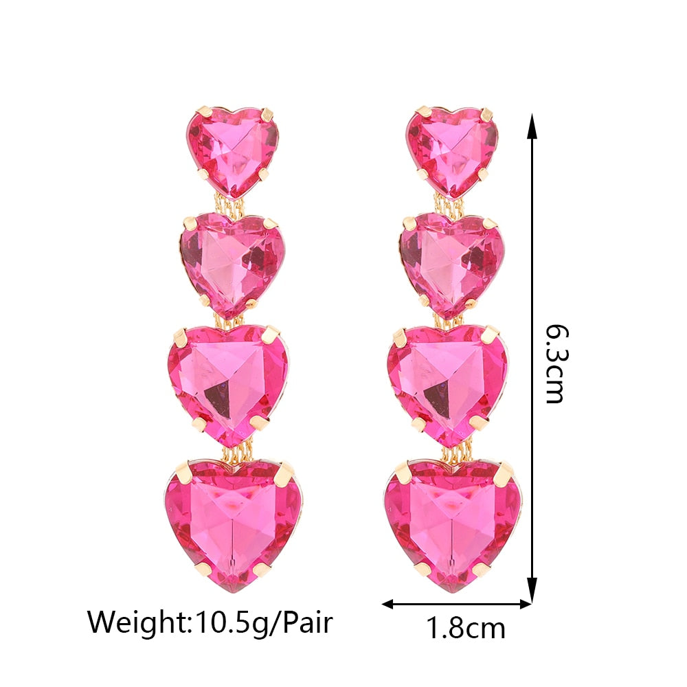 Fashion Colorful Heart Clear Crystal Cute Long Hanging Earrings For Women