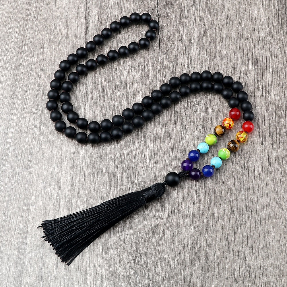 Men Black Beads Prayer Necklaces Women 108 Mala Natural Stone Beaded Stretch Necklaces