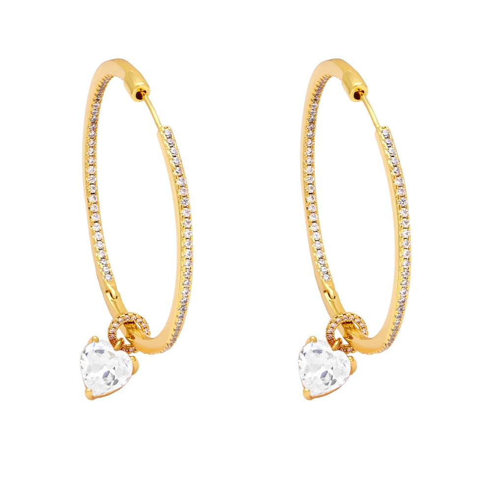 Big Circle Gold Plated Hoops Earrings for Women Copper CZ Rhinestone Heart Earrings