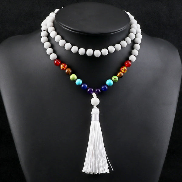 Women Bright White Color Beads Chakra Stretch Necklace