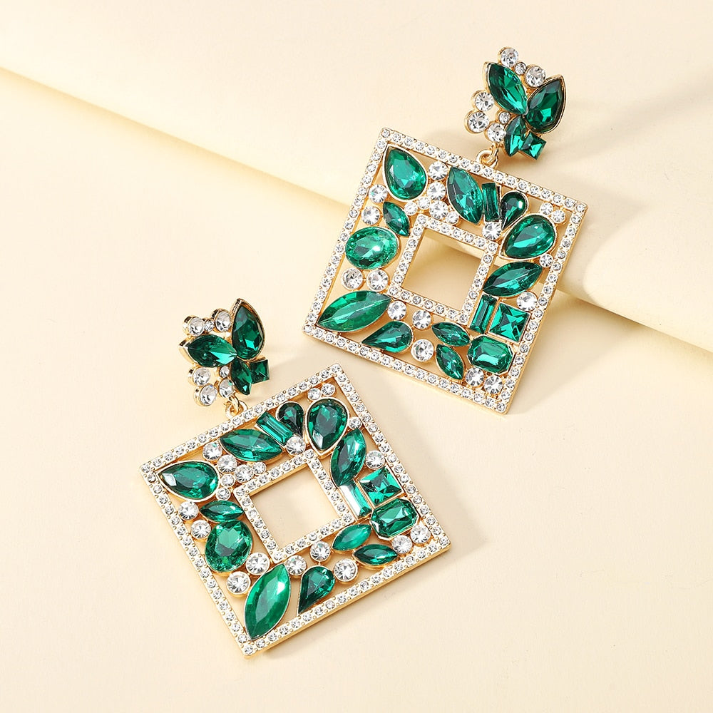 New Square Colorful Crystal Big Dangle Drop Earrings For Women