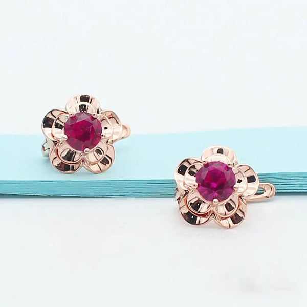 585 purple gold 14k rose gold inlaid with exquisite ruby flowers earrings for women