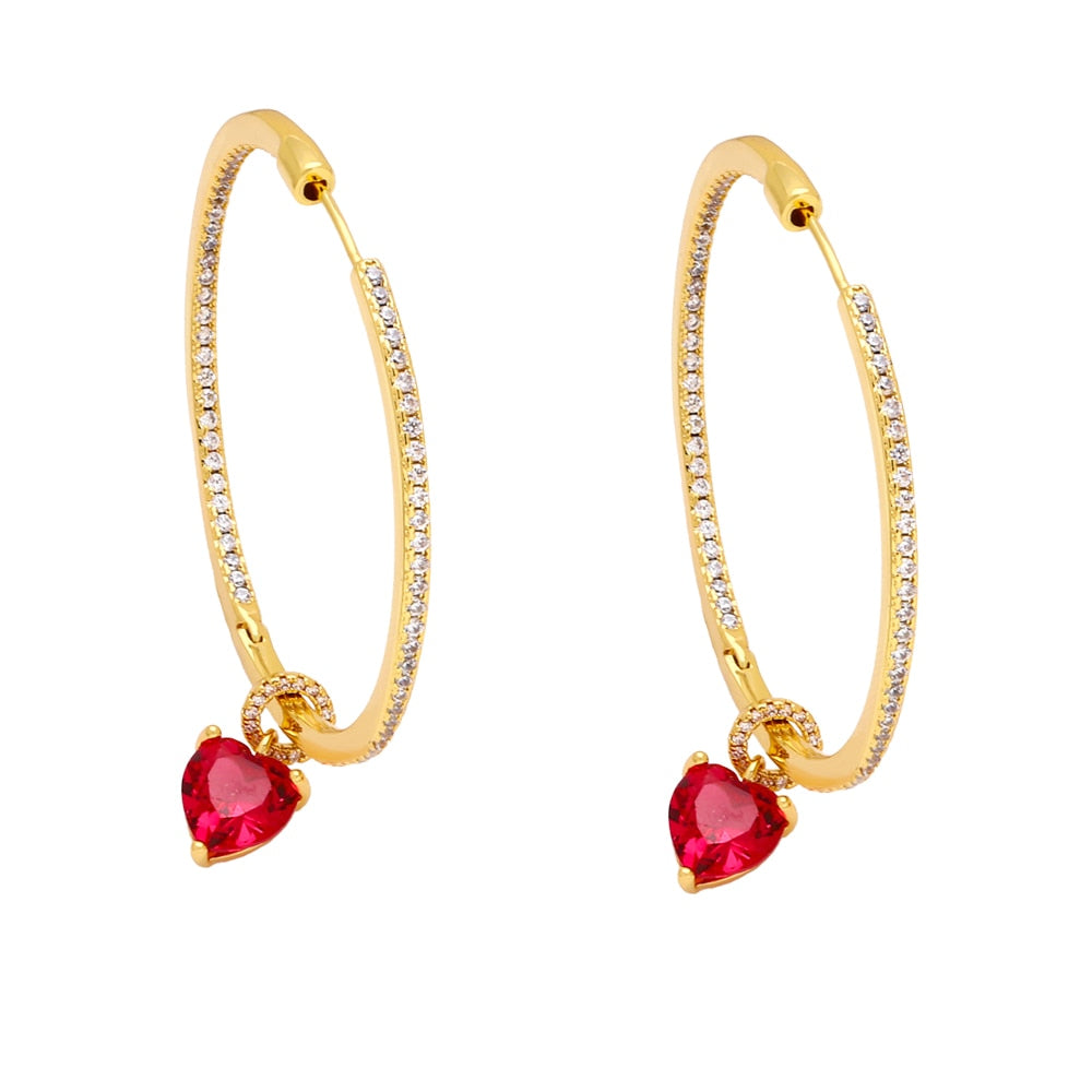 Big Circle Gold Plated Hoops Earrings for Women Copper CZ Rhinestone Heart Earrings