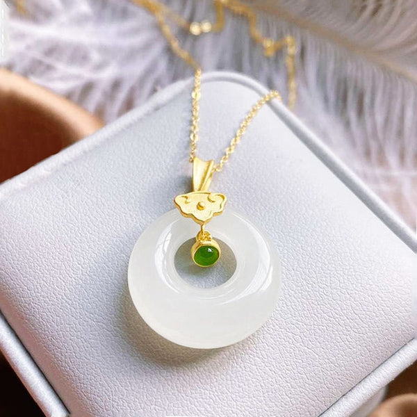 Classic craftsmanship silver inlaid natural Hetian jade hollow pendant neckalce