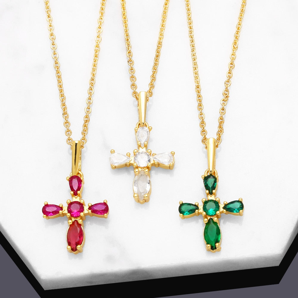 Small Green Crystal Cross Necklace for Women Copper CZ Rhinestone Short Chain Necklaces