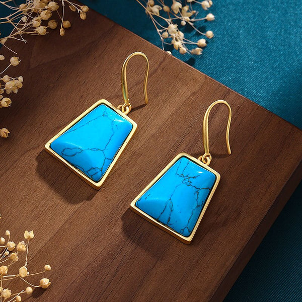 Classic Chinese style Ancient gold craft inlaid with turquoise earrings for women