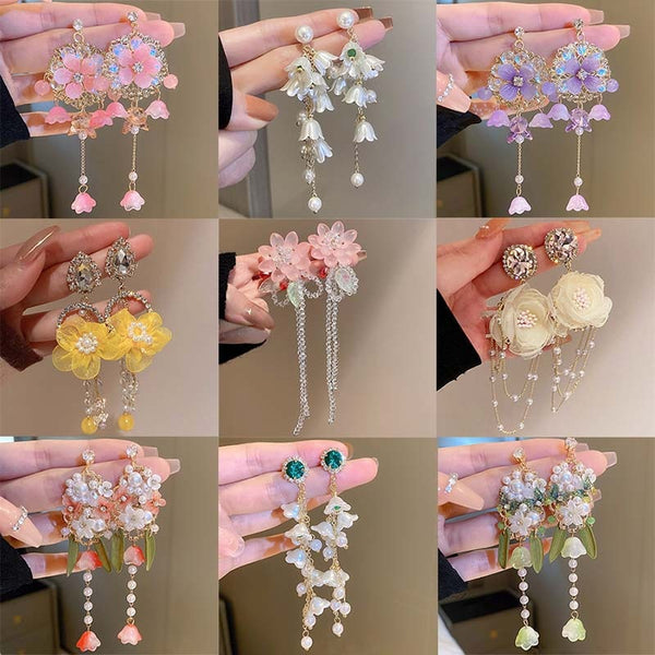 Fashion Pearl Flower Tassel Earings Holiday Style Exaggerated All-match Earrings Women