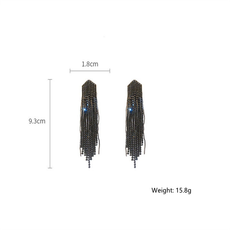 Long Tassel Drop Earrings for Women Gold Color Black Rhinestone Dangle Earrings