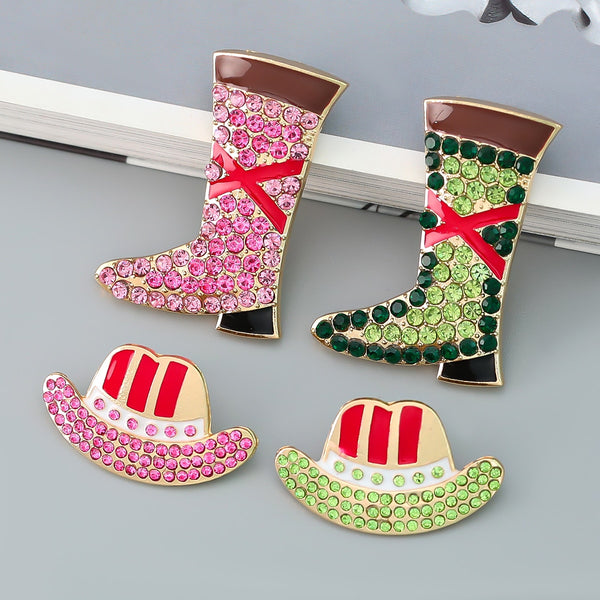 Fashion Metal Rhinestone Hat Boots Earrings Women