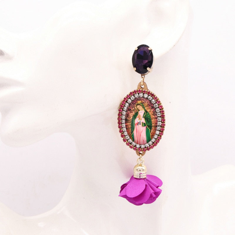 Bohemian Flower Earrings For Women Virgin Mary Earrings Angel Pendant Rhinestone Earrings