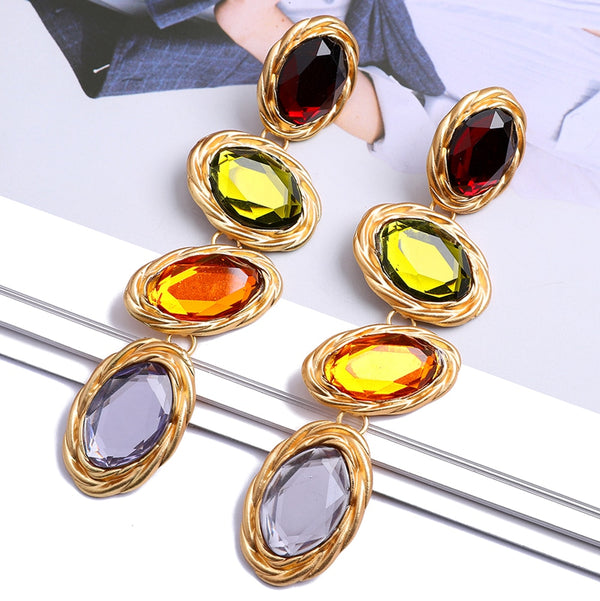 Luxury Metal Inlay Multicolor Crystal Ear Accessories Long Dangle Earrings For Women