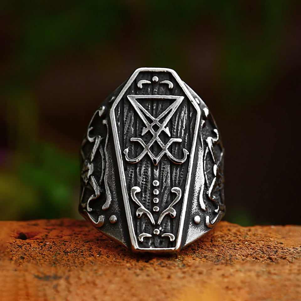 New Vintage Lucifer Satan Coffin Ring For Men Boys 316L Stainless Steel Sheep Head Rings