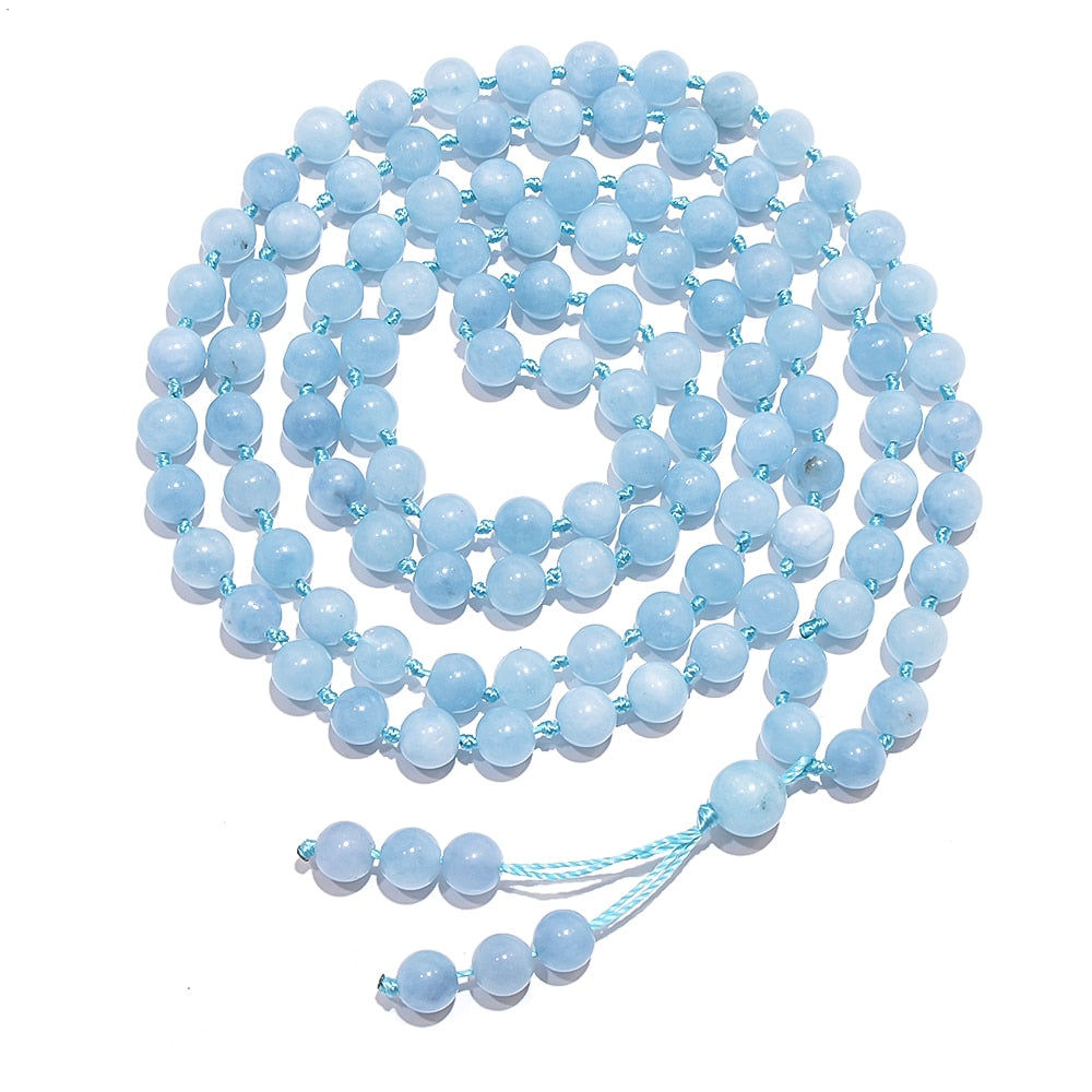 8mm Aquamarine Beaded Knot 108 Mala Necklace