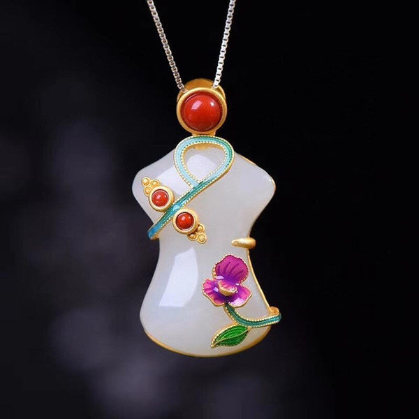 Original Chinese style Hetian white chalcedony flower cheongsam pendant necklace