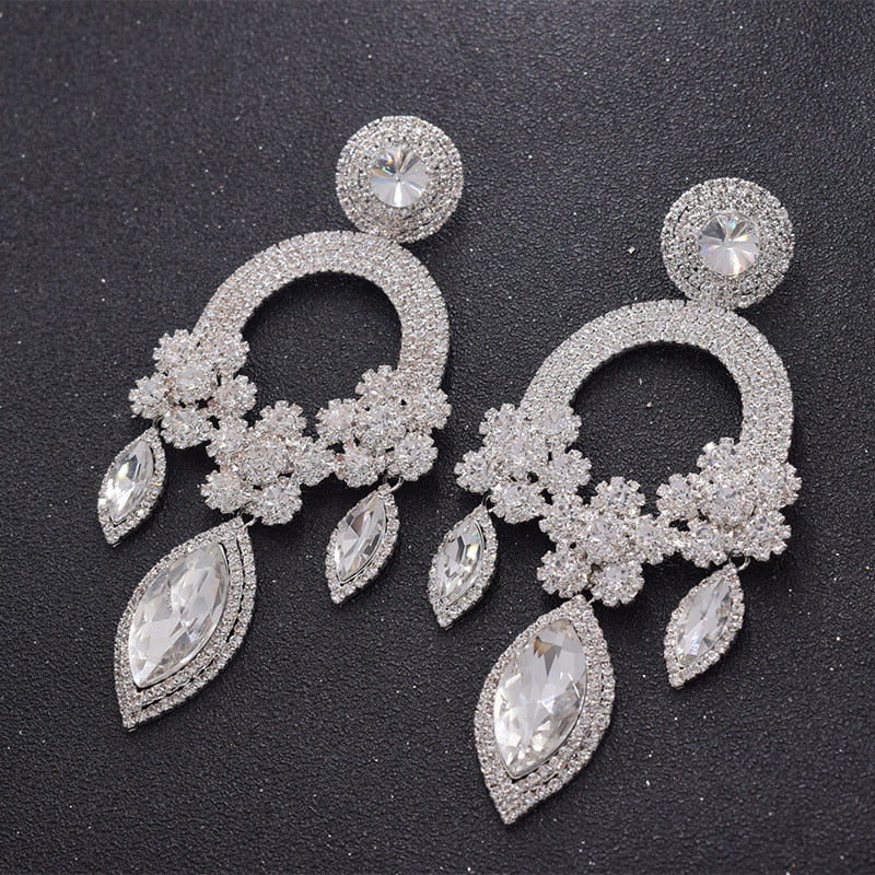 Exquisite rhinestones crystal flower luxury drop long earring