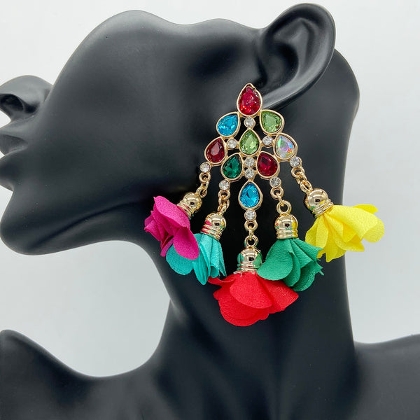 New Design Colorful Crystal Flower Tassel Earrings Statement Drop Dangle Earring for Women