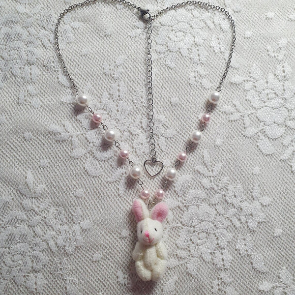 Soft Plush Bunny Pendant Necklace Cute Fashion Animal Pink Beaded Chain