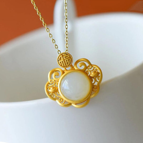 Ancient gold craftsmanship natural Hetian white jade blessing character necklace