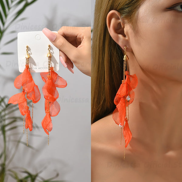 Romantic Sweet Summer Rose Flower Lace Long Dangle Earrings For Women