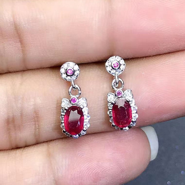 Designer Creative Silver S925 Inlaid Ruby Oval Bow Ladies Earrings